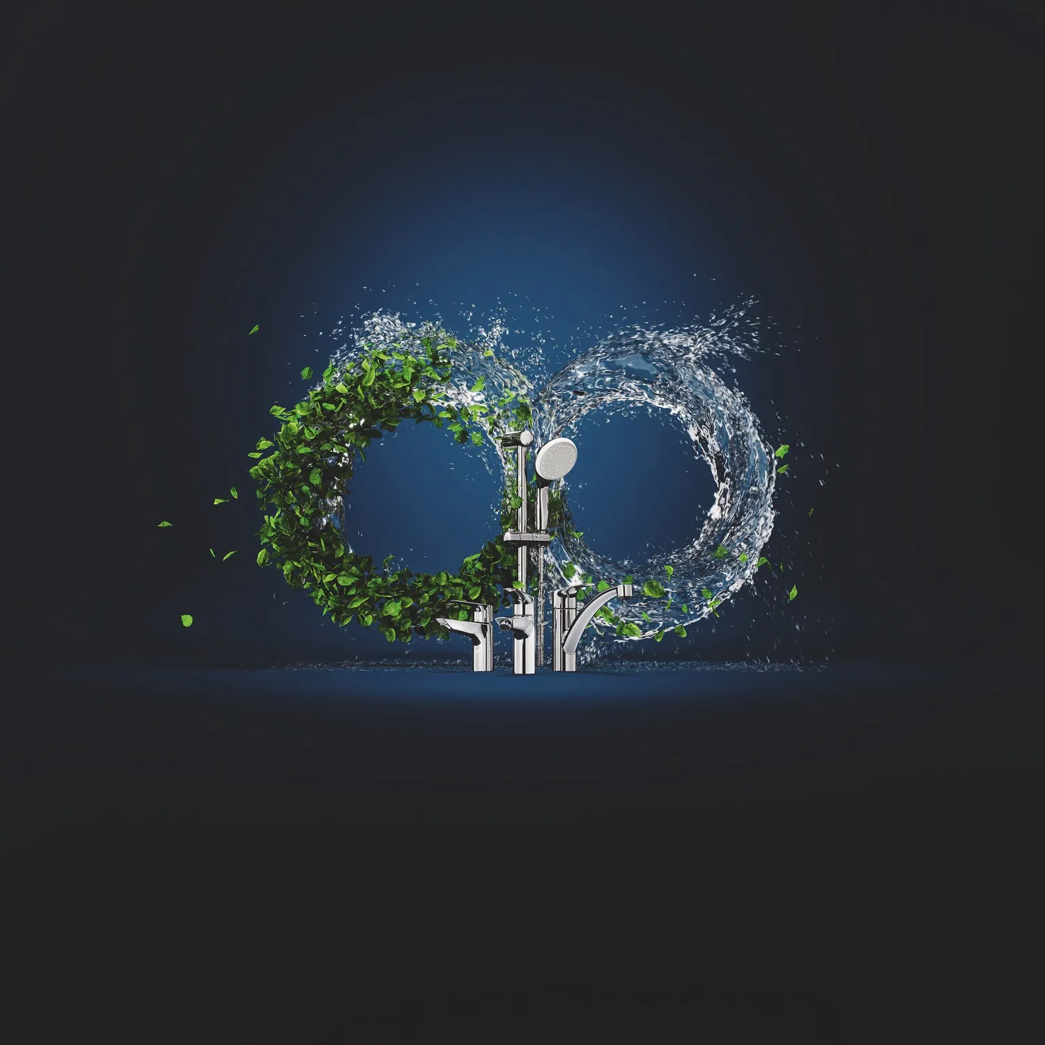 GROHE-kranen omringd door een symbool van water en groen